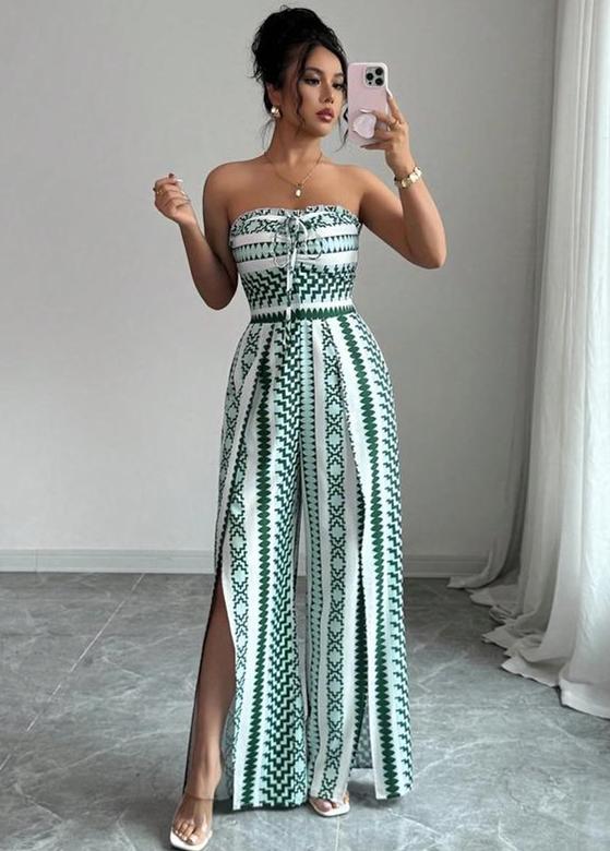 đ 50% RABATT NU! đș Geometrisk Jumpsuit med Sidoslits â Elastisk Rygg & Unikt Mönster âš