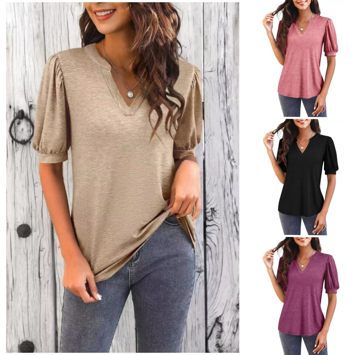 đ„Sista dagen SpecialförsĂ€ljning 50% OFFđKvinnor V-Neck Casual Puff KortĂ€rmad Topp Elegant T-Shirt
