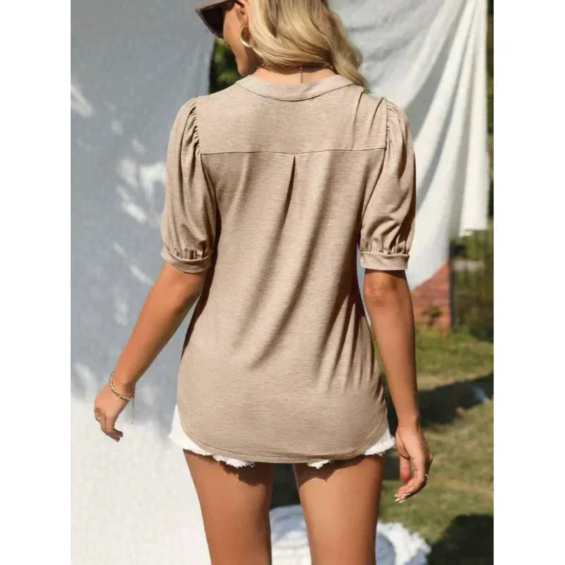 đ„Sista dagen SpecialförsĂ€ljning 50% OFFđKvinnor V-Neck Casual Puff KortĂ€rmad Topp Elegant T-Shirt
