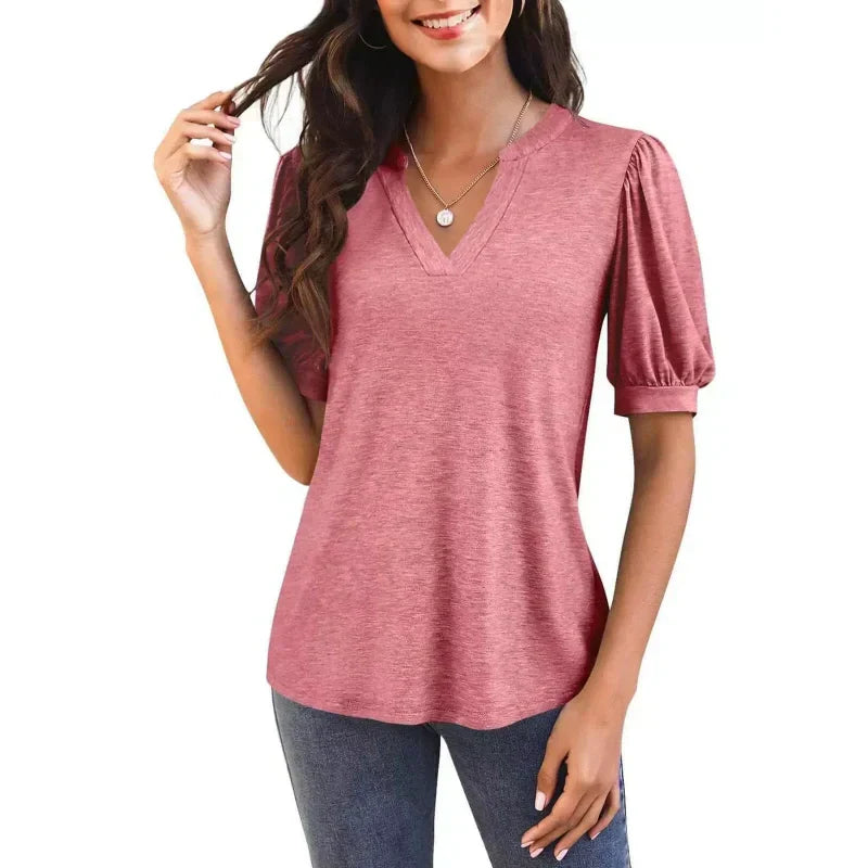 đ„Sista dagen SpecialförsĂ€ljning 50% OFFđKvinnor V-Neck Casual Puff KortĂ€rmad Topp Elegant T-Shirt