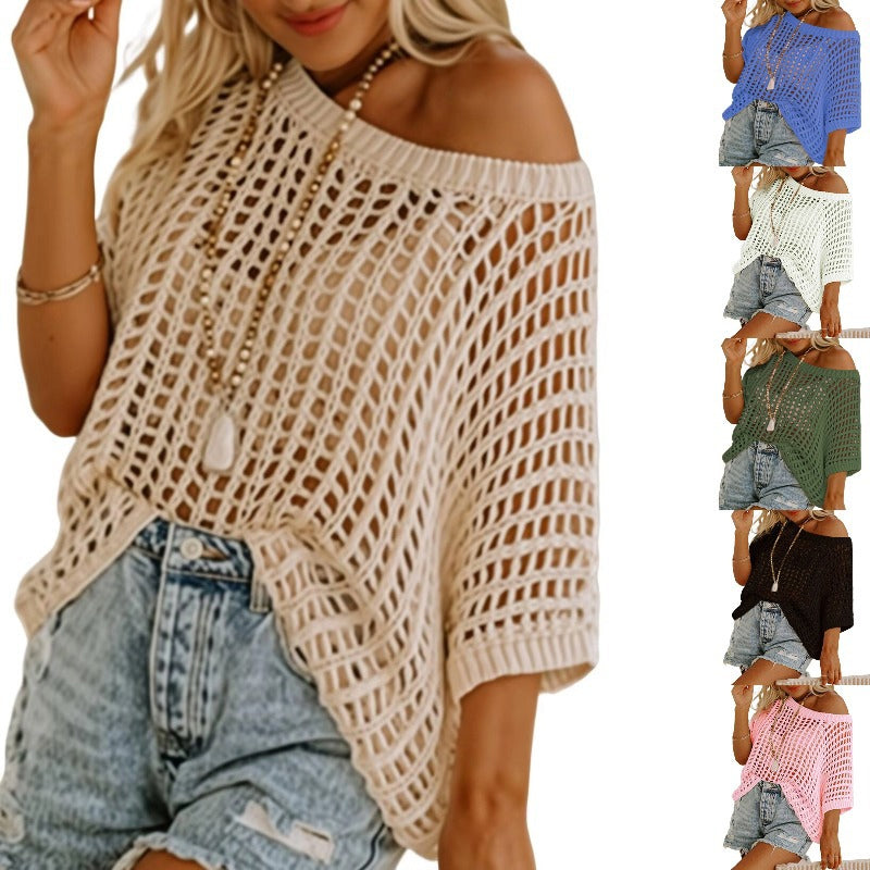 đ2025 Ny het försĂ€ljning - Dam sommar scoop hals kortĂ€rmad tröja casual virkade ihĂ„liga stickade toppar pullover skjortor strand tĂ€ckning