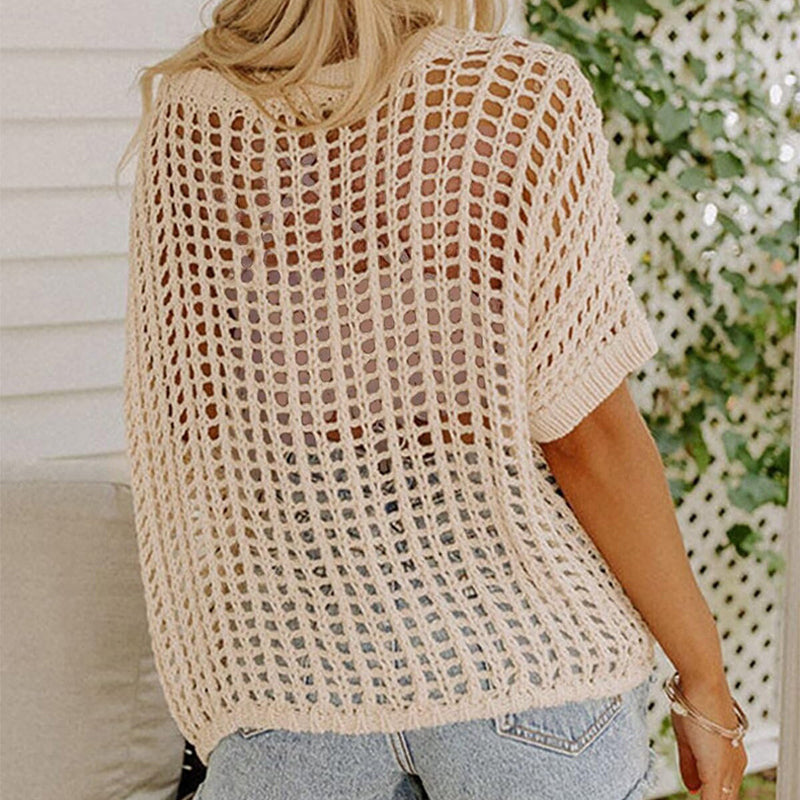 đ2025 Ny het försĂ€ljning - Dam sommar scoop hals kortĂ€rmad tröja casual virkade ihĂ„liga stickade toppar pullover skjortor strand tĂ€ckning