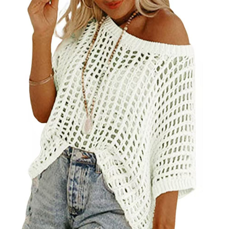 đ2025 Ny het försĂ€ljning - Dam sommar scoop hals kortĂ€rmad tröja casual virkade ihĂ„liga stickade toppar pullover skjortor strand tĂ€ckning
