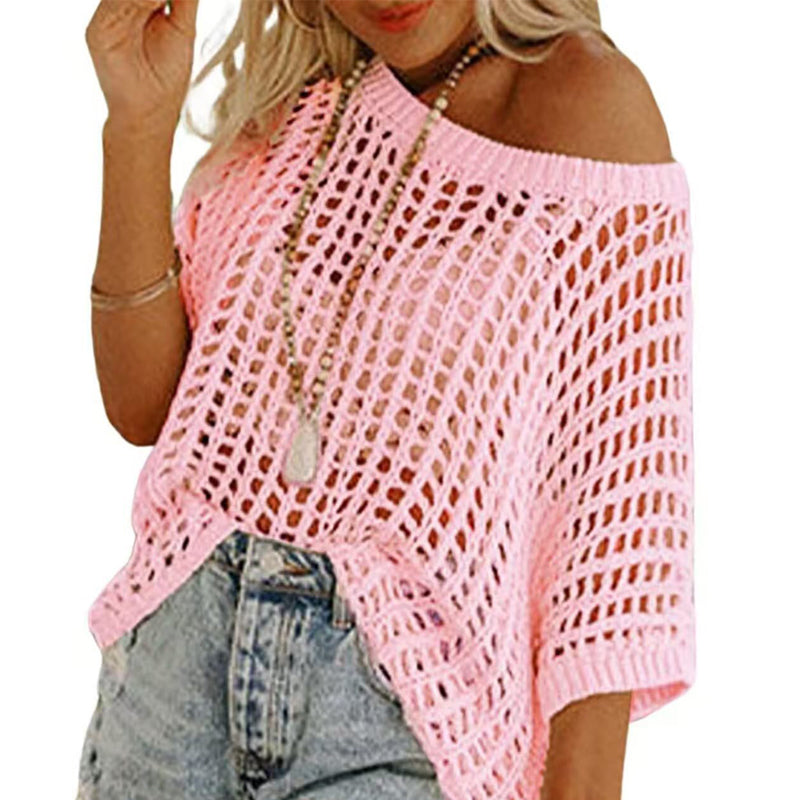 đ2025 Ny het försĂ€ljning - Dam sommar scoop hals kortĂ€rmad tröja casual virkade ihĂ„liga stickade toppar pullover skjortor strand tĂ€ckning