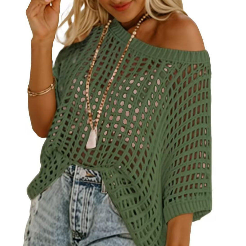 đ2025 Ny het försĂ€ljning - Dam sommar scoop hals kortĂ€rmad tröja casual virkade ihĂ„liga stickade toppar pullover skjortor strand tĂ€ckning