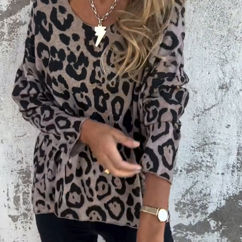 Stretchtopp med rund hals i leopardmönster för kvinnor