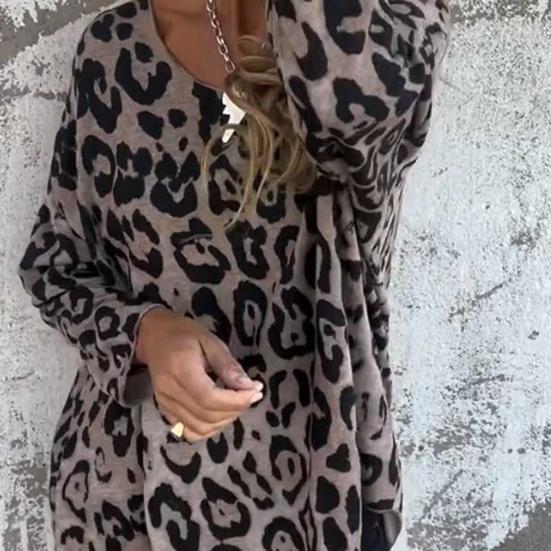 Stretchtopp med rund hals i leopardmönster för kvinnor