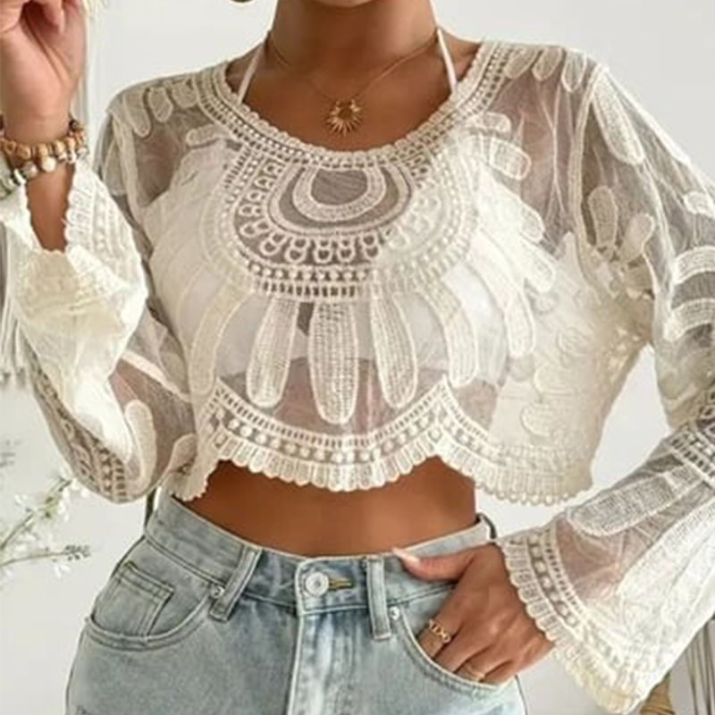 đș Damernas Blomsterbroderade Genomskinlig ĂverdragsklĂ€nning đ Söt lĂ„ngĂ€rmad rundhalsad modell â perfekt för strandsemester och utomhusĂ€ventyr! âïž