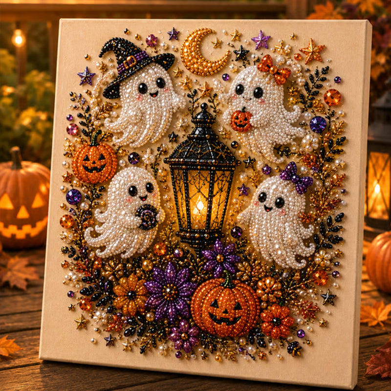 đ 50% RABATT NU! Halloween DIYâkit med spökmotiv och pĂ€rlor â komplett set med canvas, pĂ€rlor & lim â skapa en magisk höstdekoration đ»âš