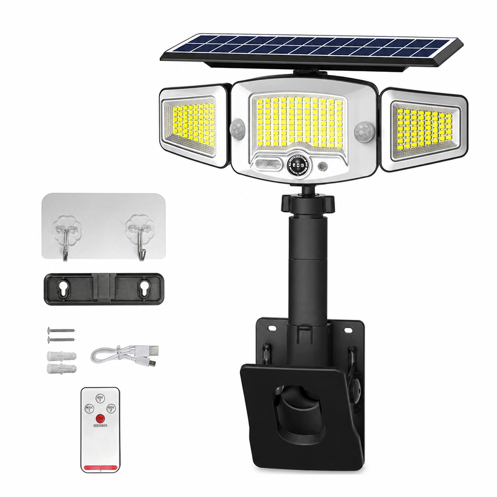 Solcellsdriven utomhuslampa med tre lamphuvuden och rörelsesensor