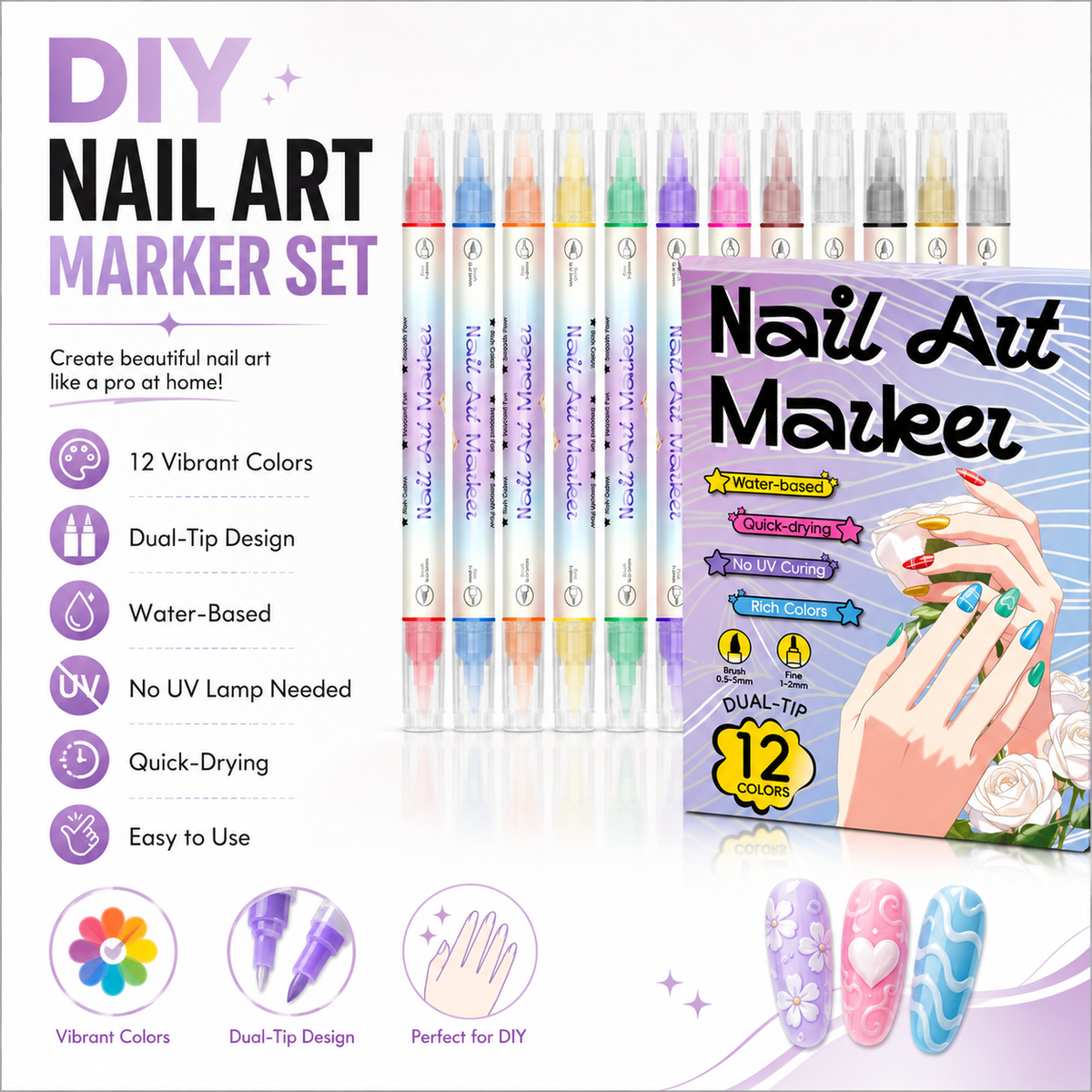 💅Nagelpennor med dubbla spetsar i 24 färger – enkel DIY-nageldesign