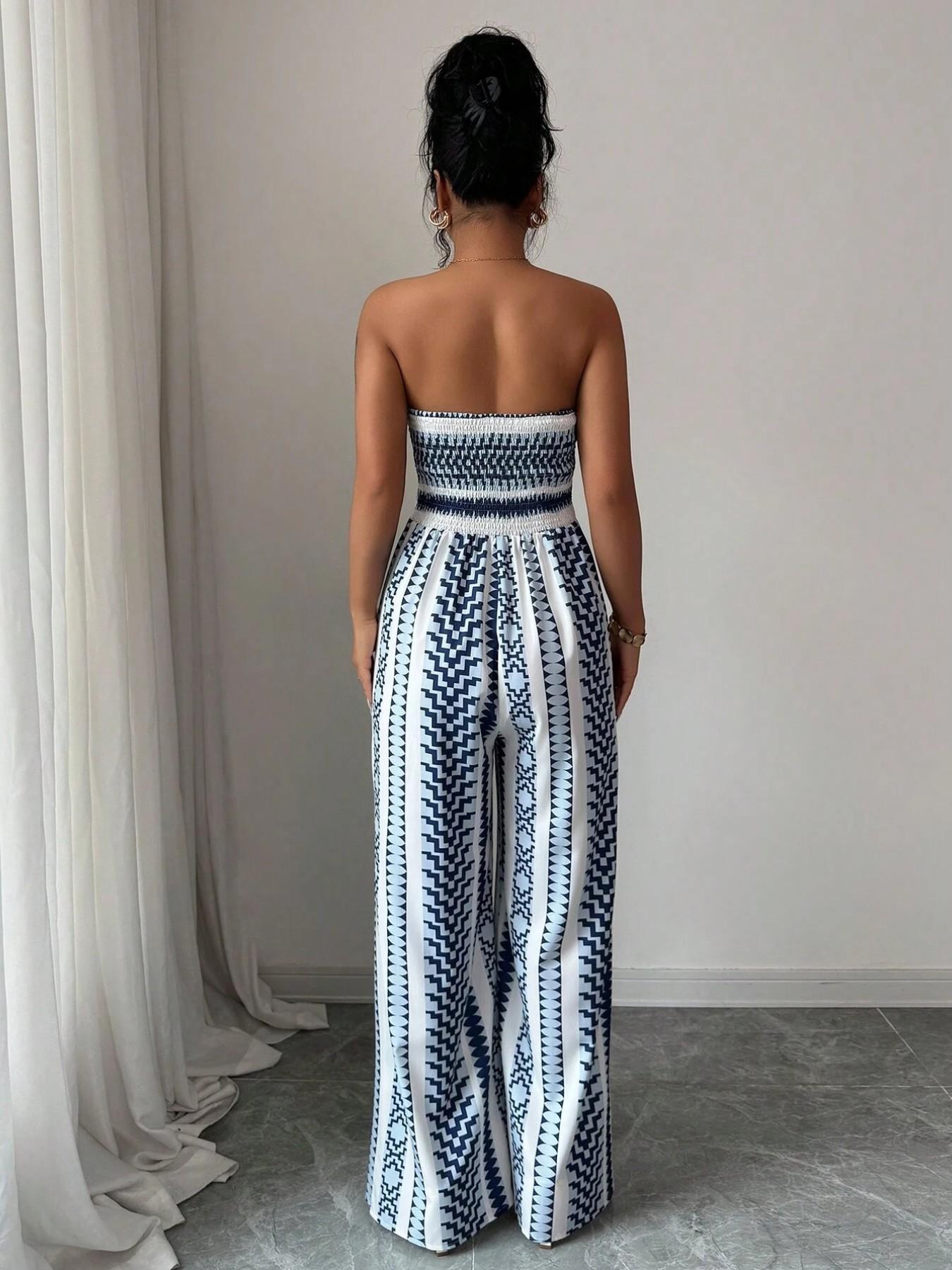 👗 50% RABATT NU! 🌺 Geometrisk Jumpsuit med Sidoslits – Elastisk Rygg & Unikt Mönster ✨