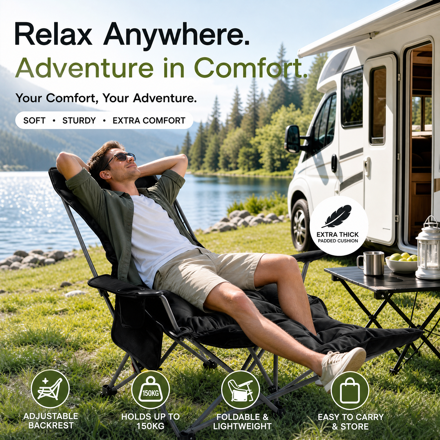 🪑 Bärbar justerbar hopfällbar stol för utomhusbruk – lätt, stabil & mångsidig – idealisk för trädgård, camping, strand eller terrass – enkel transport och montering 🏕️✨