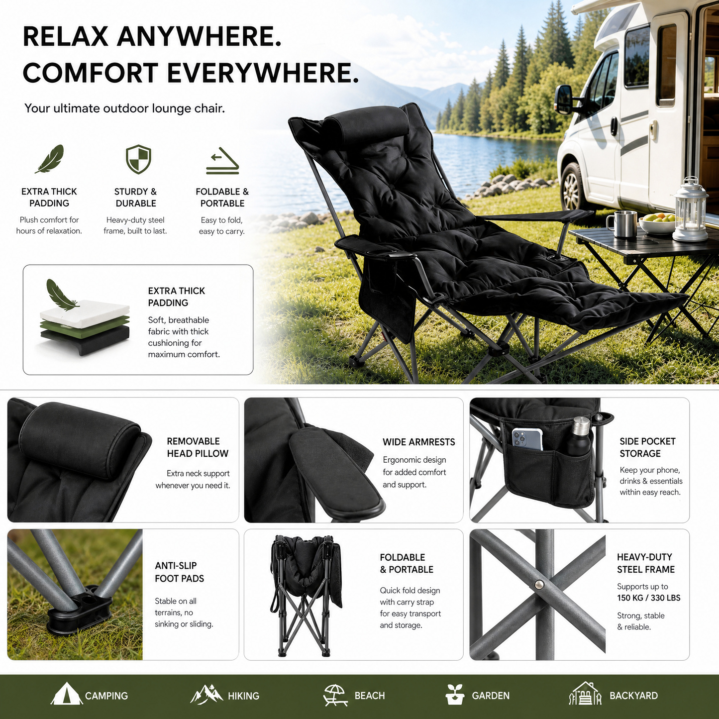 🪑 Bärbar justerbar hopfällbar stol för utomhusbruk – lätt, stabil & mångsidig – idealisk för trädgård, camping, strand eller terrass – enkel transport och montering 🏕️✨