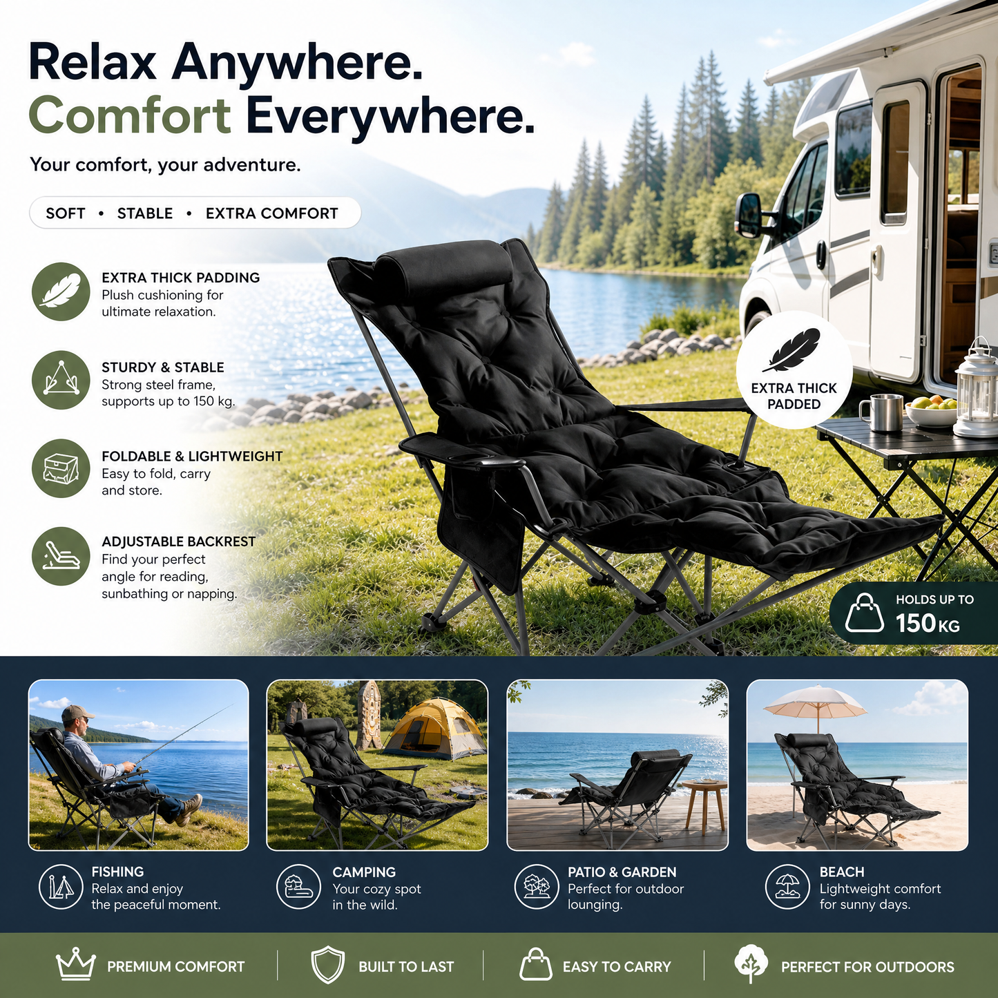 🪑 Bärbar justerbar hopfällbar stol för utomhusbruk – lätt, stabil & mångsidig – idealisk för trädgård, camping, strand eller terrass – enkel transport och montering 🏕️✨