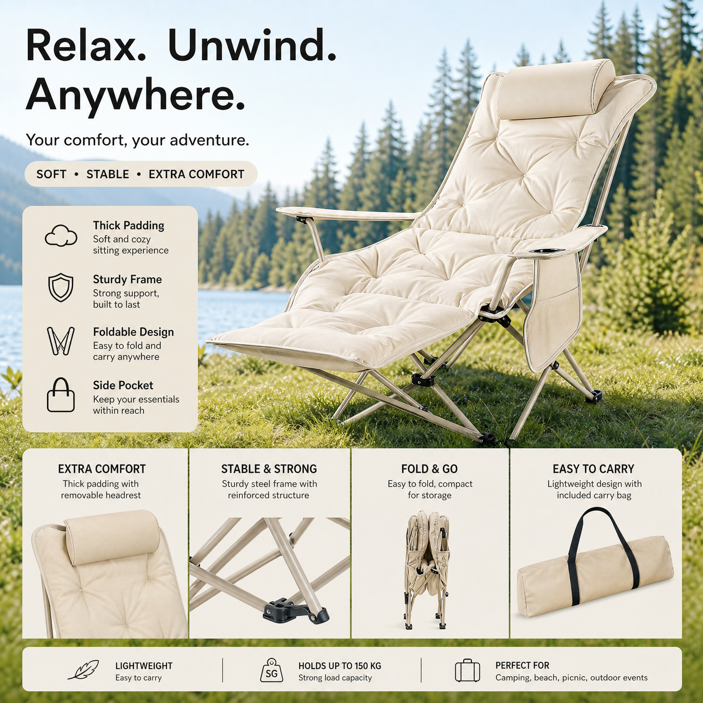 🪑 Bärbar justerbar hopfällbar stol för utomhusbruk – lätt, stabil & mångsidig – idealisk för trädgård, camping, strand eller terrass – enkel transport och montering 🏕️✨
