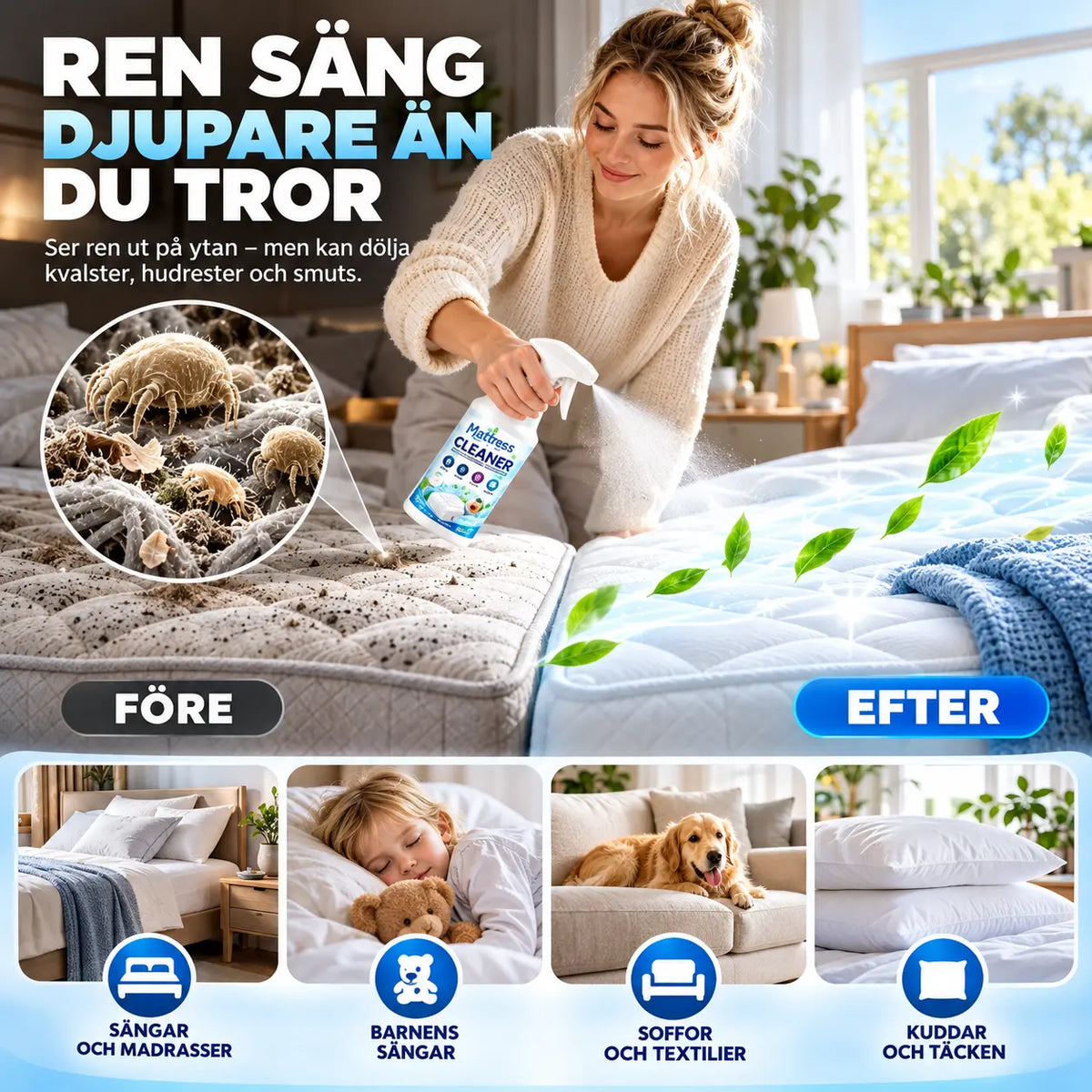 🛏️ KÖP 2 – FÅ 1 GRATIS! Motverka kvalster i madrasser och sängkläder – effektiv kvalsterspray för en fräschare sovmiljö