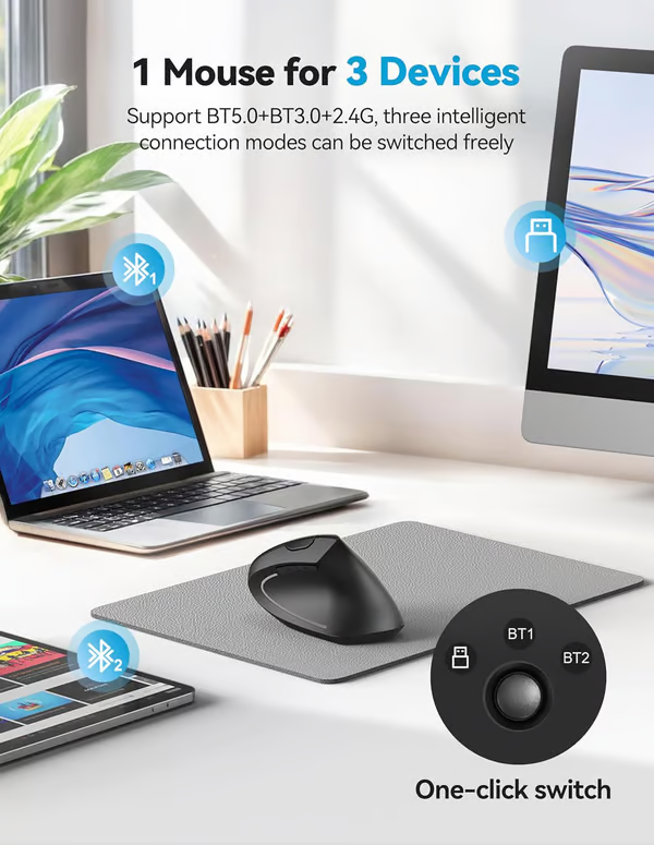 Trådlös USB-uppladdningsbar ergonomisk vertikal optisk mus