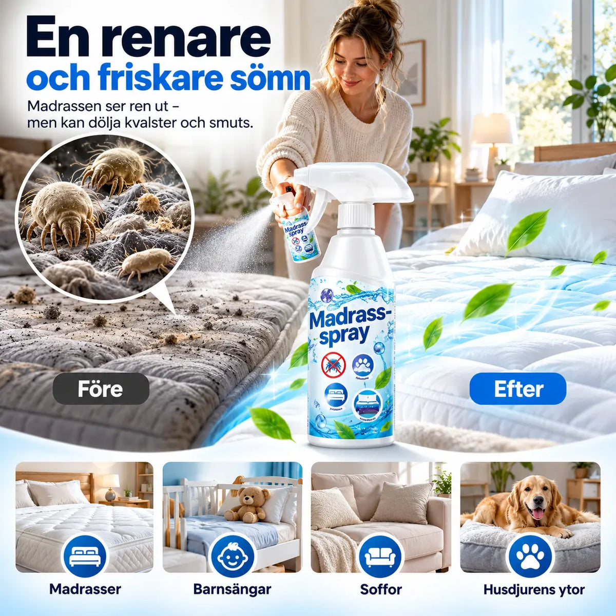 🛏️ KÖP 2 – FÅ 1 GRATIS! Motverka kvalster i madrasser och sängkläder – effektiv kvalsterspray för en fräschare sovmiljö