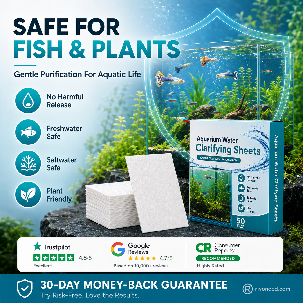 🐠 Köp 1 få 1 gratis! ✨ Klarningsark för akvarium – kristallklart vatten på 24 timmar, tar bort lukt och orenheter, säkert för alla fiskar och växter 🌿🔮