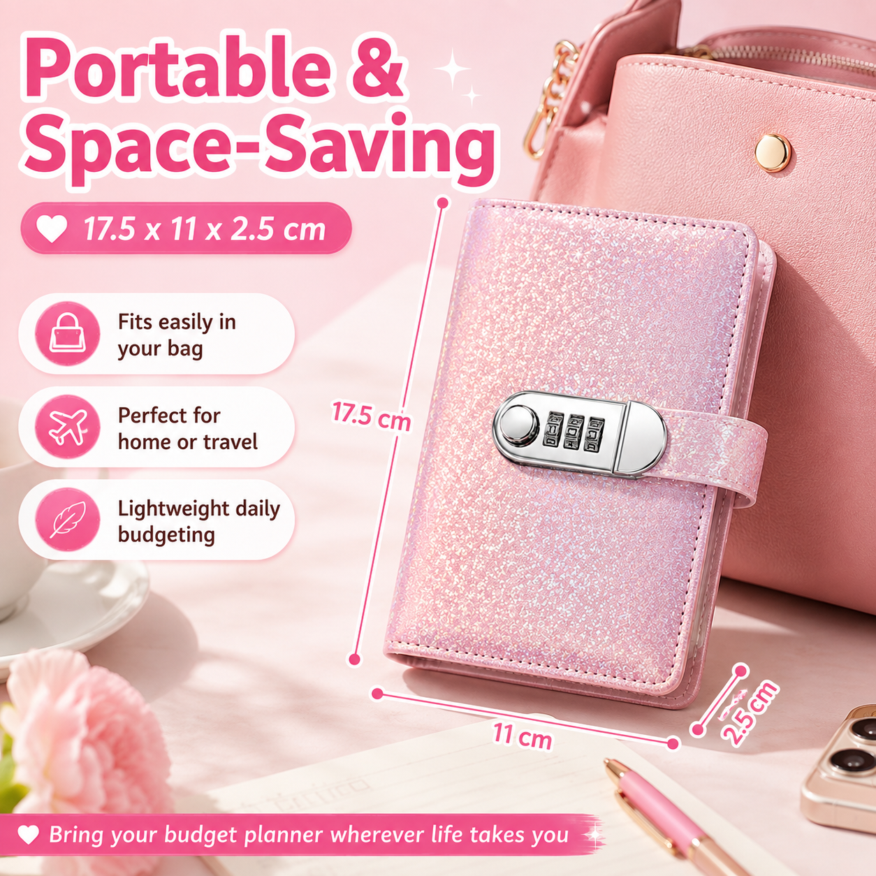 ✨ SparkleLock sparpärm med 3-siffrigt kombinationslås – budgetpärm med 100 sidor för kontantsparande, sparmål och gåvor 💖