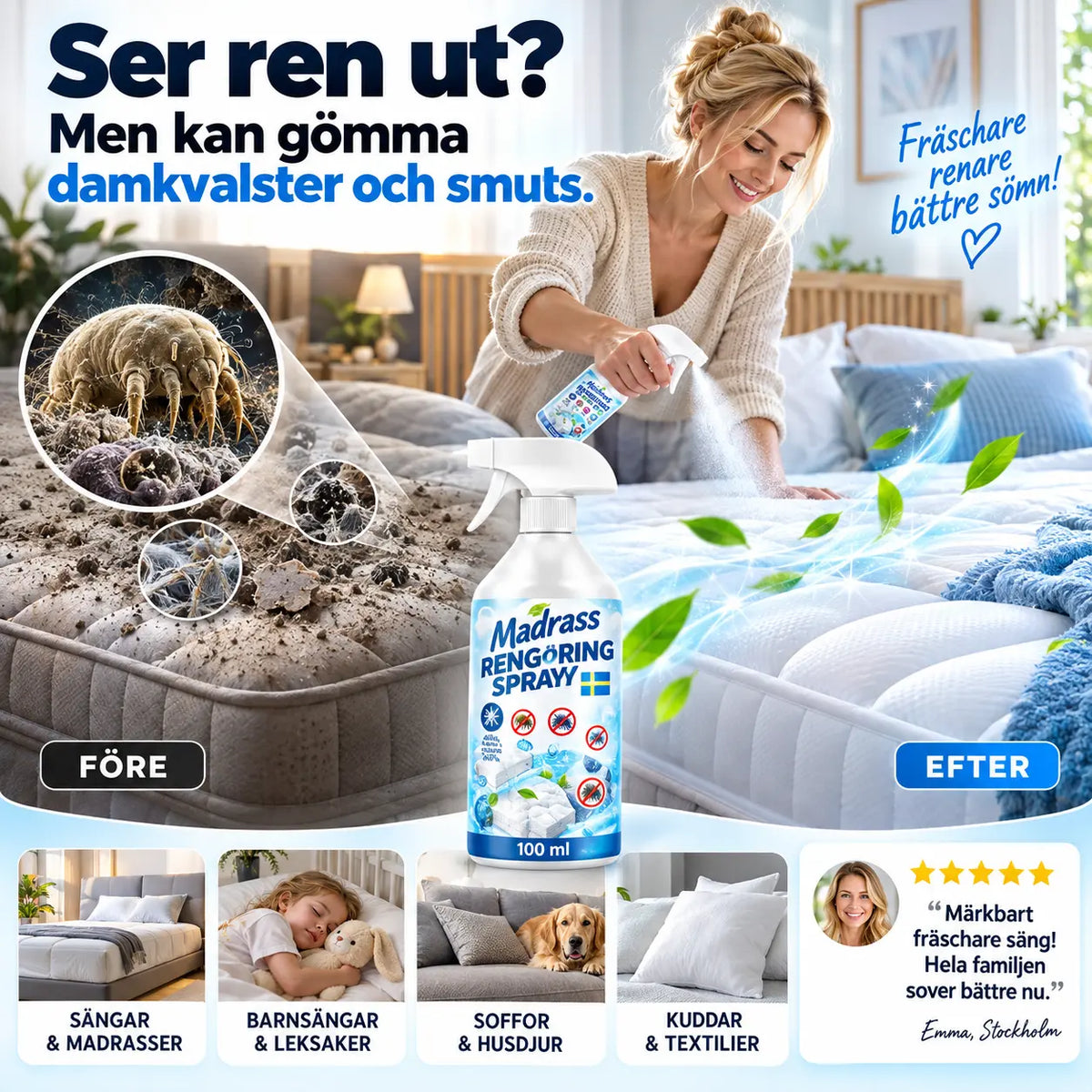 🛏️ KÖP 2 – FÅ 1 GRATIS! Motverka kvalster i madrasser och sängkläder – effektiv kvalsterspray för en fräschare sovmiljö