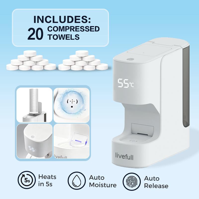 Livefull Smart Hot Face Towel Heater Machine CL01 – 5 sekunders snabb uppvärmning & konstant temperatur på 55°C, automatisk handdukdistribution med smarta röstmeddelanden, inklusive 20 komprimerade handdukar.