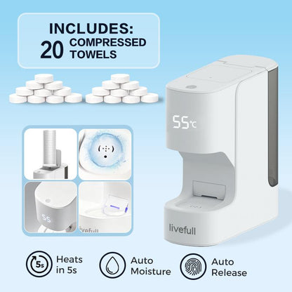 Livefull Smart Hot Face Towel Heater Machine CL01 – 5 sekunders snabb uppvärmning & konstant temperatur på 55°C, automatisk handdukdistribution med smarta röstmeddelanden, inklusive 20 komprimerade handdukar.