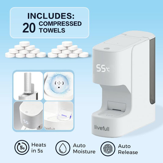 Livefull Smart Hot Face Towel Heater Machine CL01 – 5 sekunders snabb uppvärmning & konstant temperatur på 55°C, automatisk handdukdistribution med smarta röstmeddelanden, inklusive 20 komprimerade handdukar.