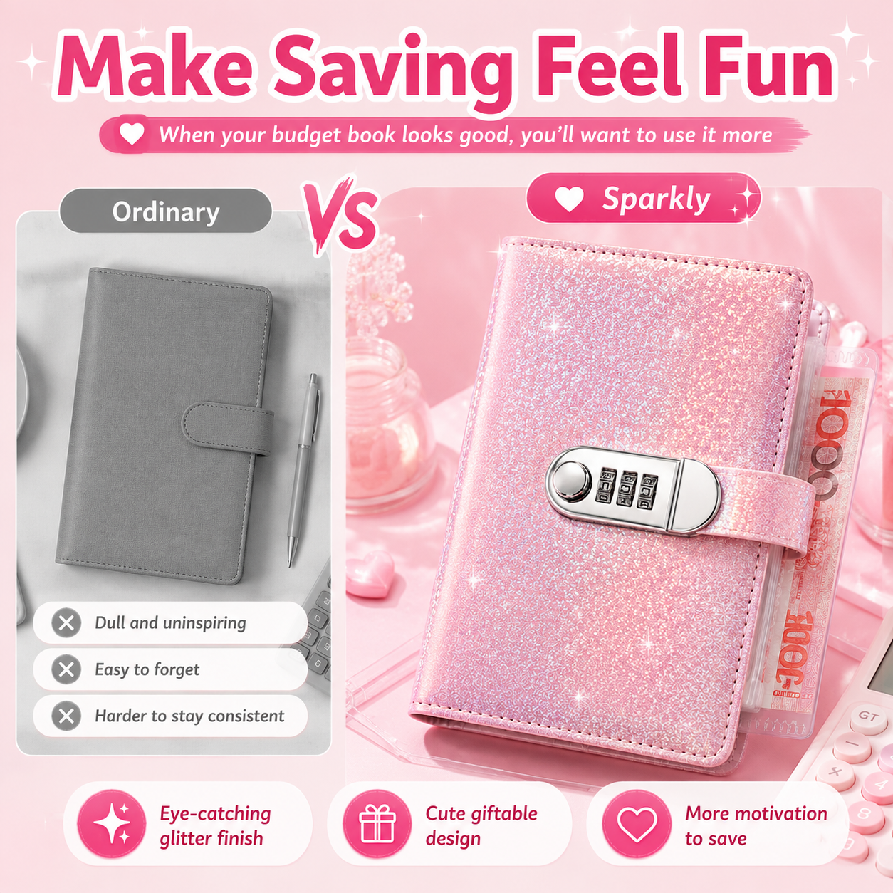 ✨ SparkleLock sparpärm med 3-siffrigt kombinationslås – budgetpärm med 100 sidor för kontantsparande, sparmål och gåvor 💖