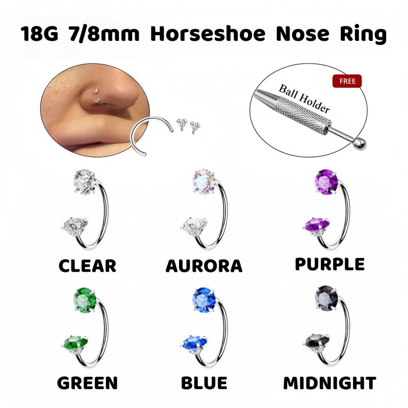 7-pack prisvärt set 18G (1,0 mm) 8 mm hästskoring för näsan med invändig gänga och dekorativa stenar 💎