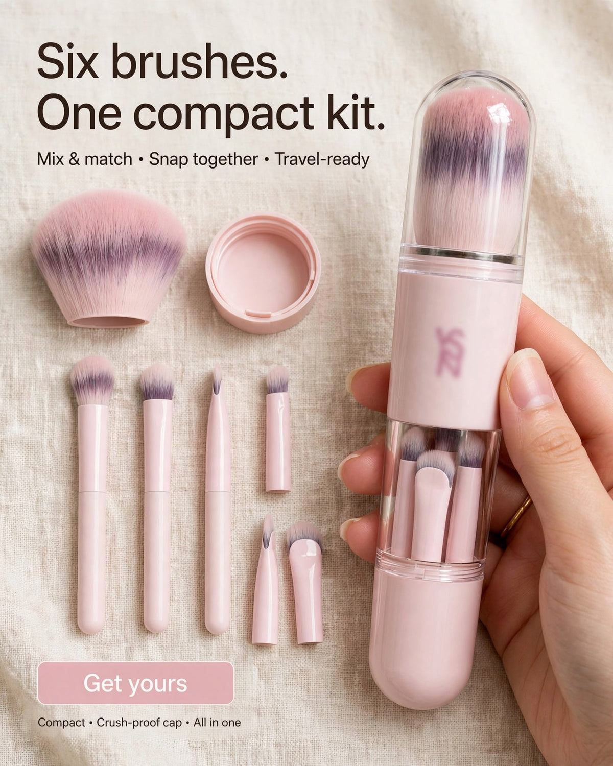 🖌️SISTA REA-DAGEN – 60% RABATT!!📢 Portabel utdragbar makeupborstset – multifunktionellt reseverktyg med puderborste, rougeborste och silikonborste för läppar