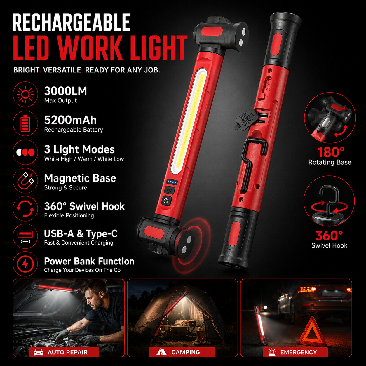 Uppladdningsbar LED-arbetslampa – 3000LM Magnetisk Portabel Verkstadslampa med 360° Rotation & Powerbank-funktion 🔦
