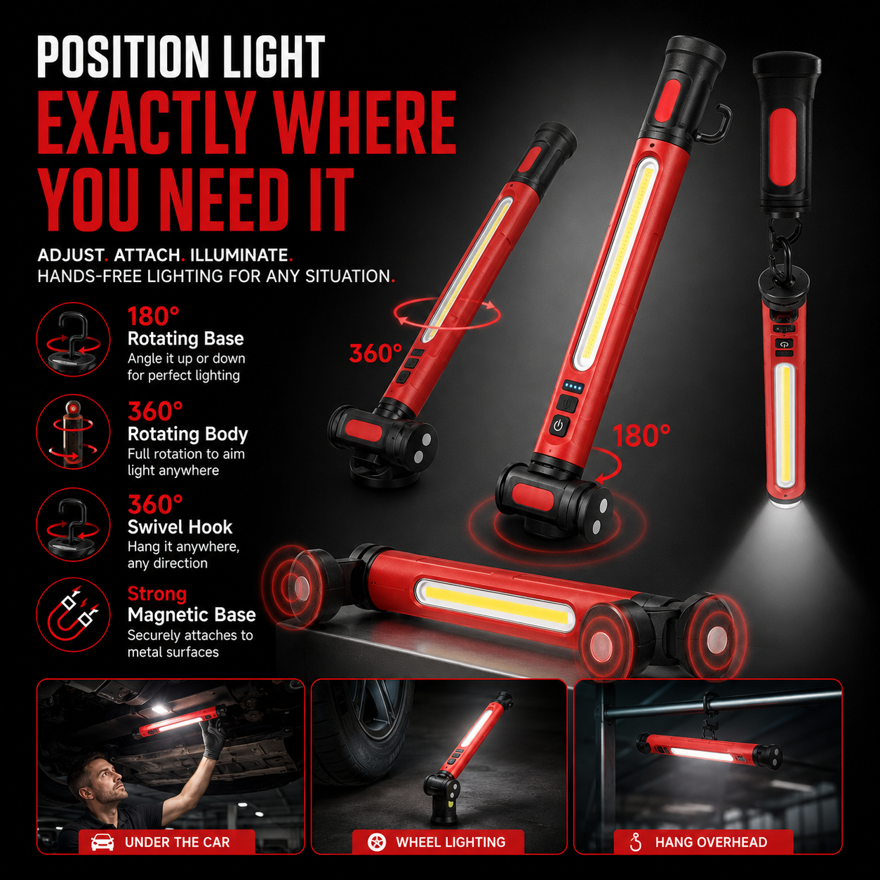 Uppladdningsbar LED-arbetslampa – 3000LM Magnetisk Portabel Verkstadslampa med 360° Rotation & Powerbank-funktion 🔦