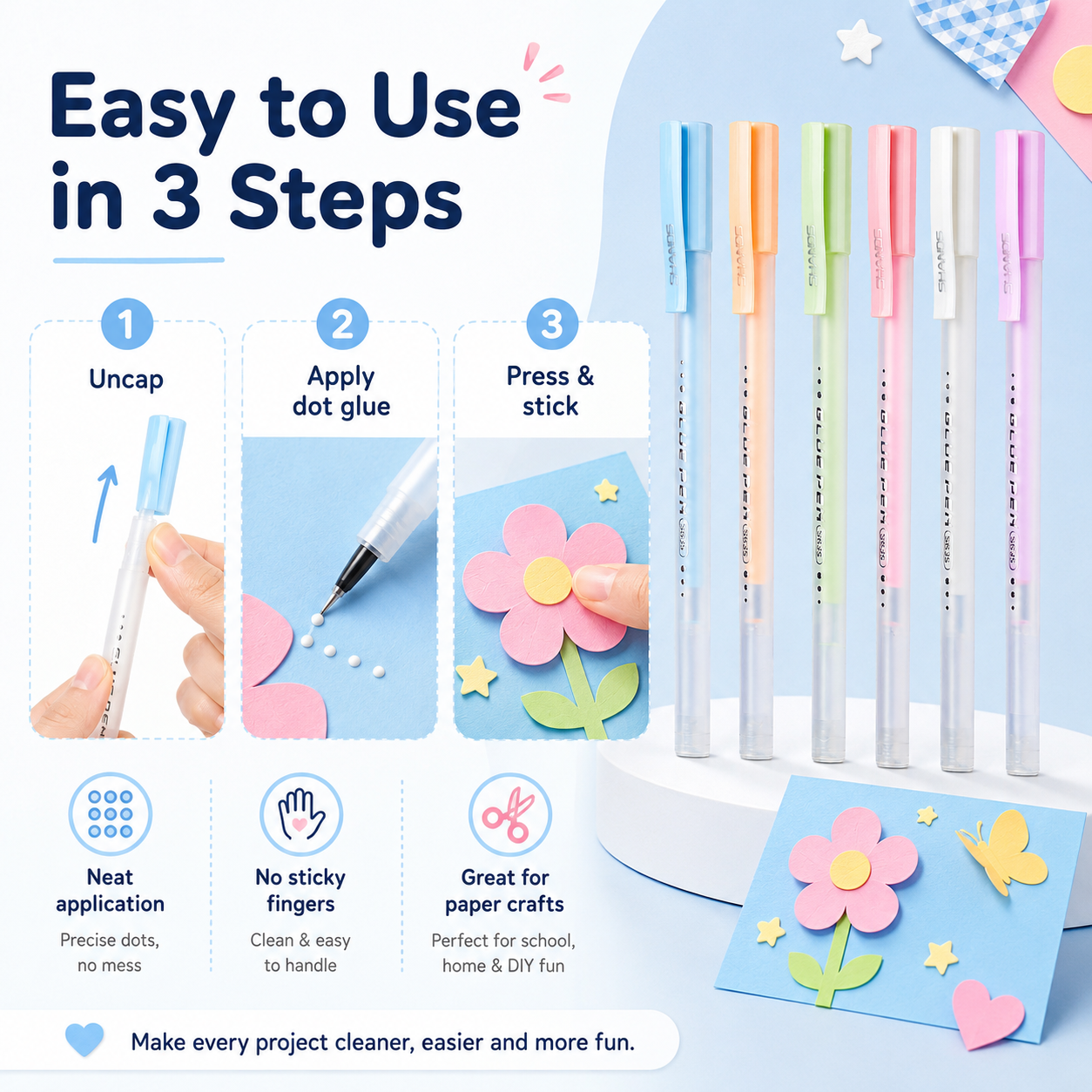 🎨 Kladdfri precisionslimpenna – 6 pastellfärger för pyssel & DIY ✨