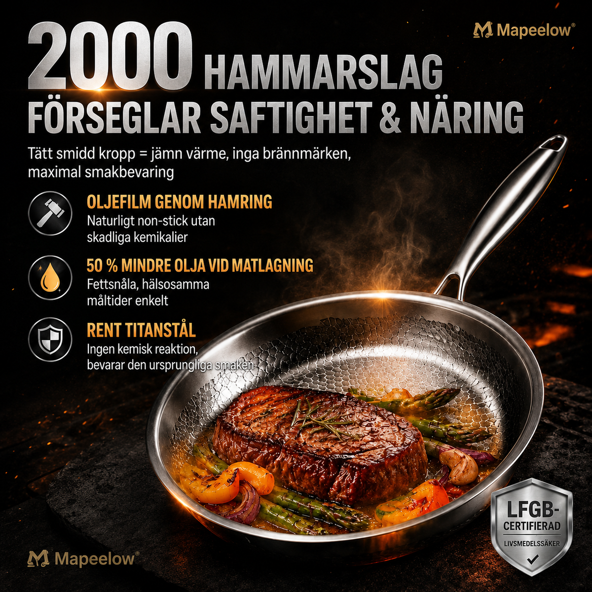 Handhamrad, obelagd stekpanna med non-stick-effekt i ren titanlegering