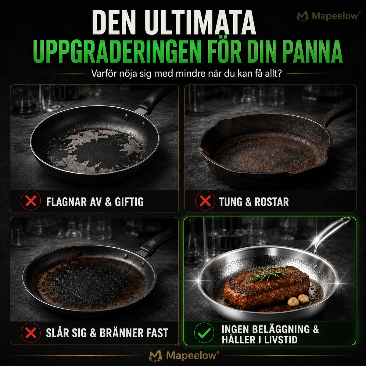 Handhamrad, obelagd stekpanna med non-stick-effekt i ren titanlegering