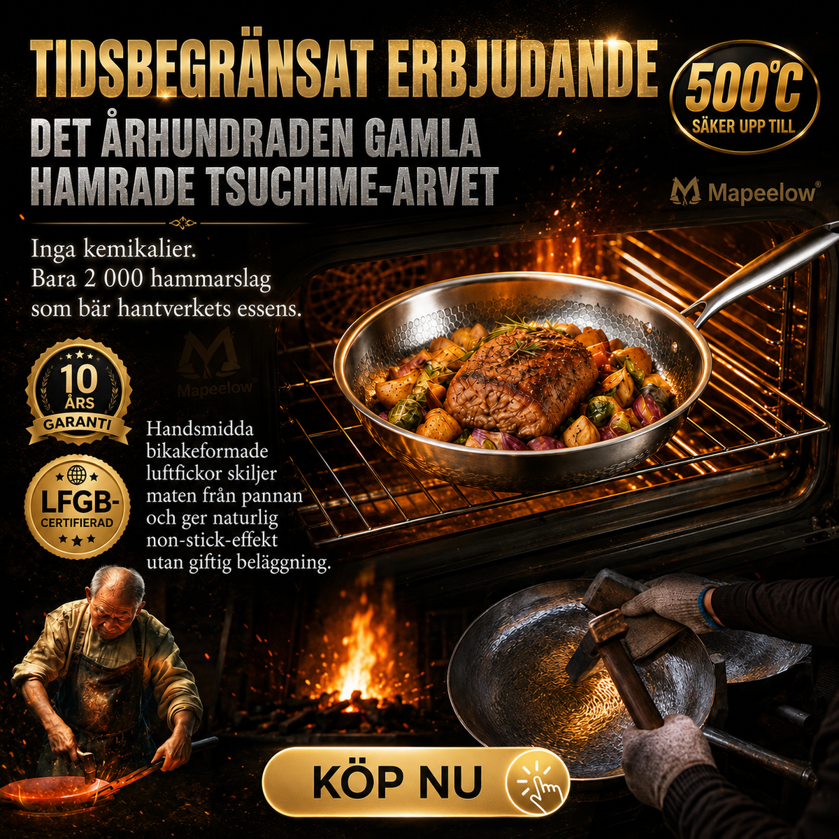 Handhamrad, obelagd stekpanna med non-stick-effekt i ren titanlegering