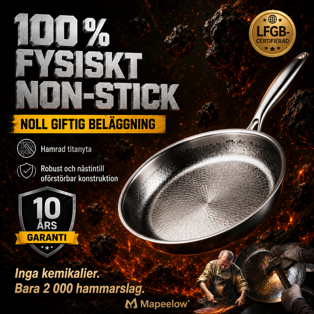 Handhamrad, obelagd stekpanna med non-stick-effekt i ren titanlegering