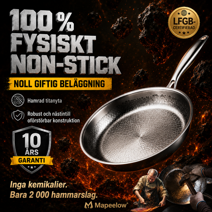 Handhamrad, obelagd stekpanna med non-stick-effekt i ren titanlegering