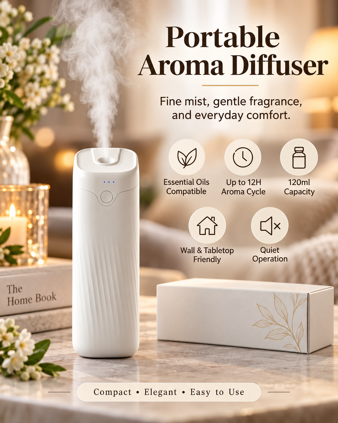 Vattenfri diffusor för eteriska oljor – 120 ml doftolja ingår