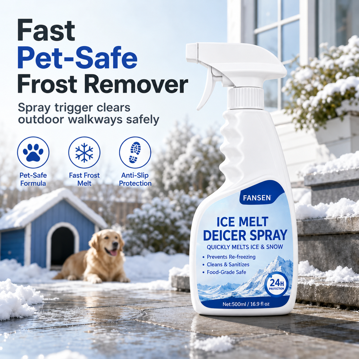Spray för avisning och snösmältning utomhus – säker för husdjur, löser upp frost vid kontakt. Rensa snabbt trappsteg, gångvägar och uteplatser