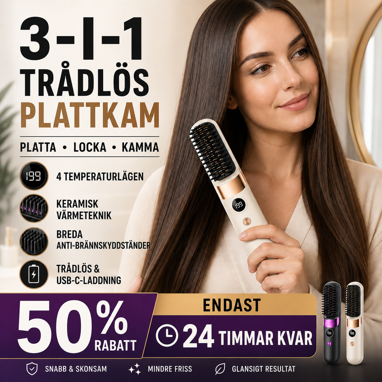 🔥 Idag -50%! Vakna med rufsigt hår? Den trådlösa 3-i-1 stylingkammen ger dig slätt och snyggt hår på nolltid ✨