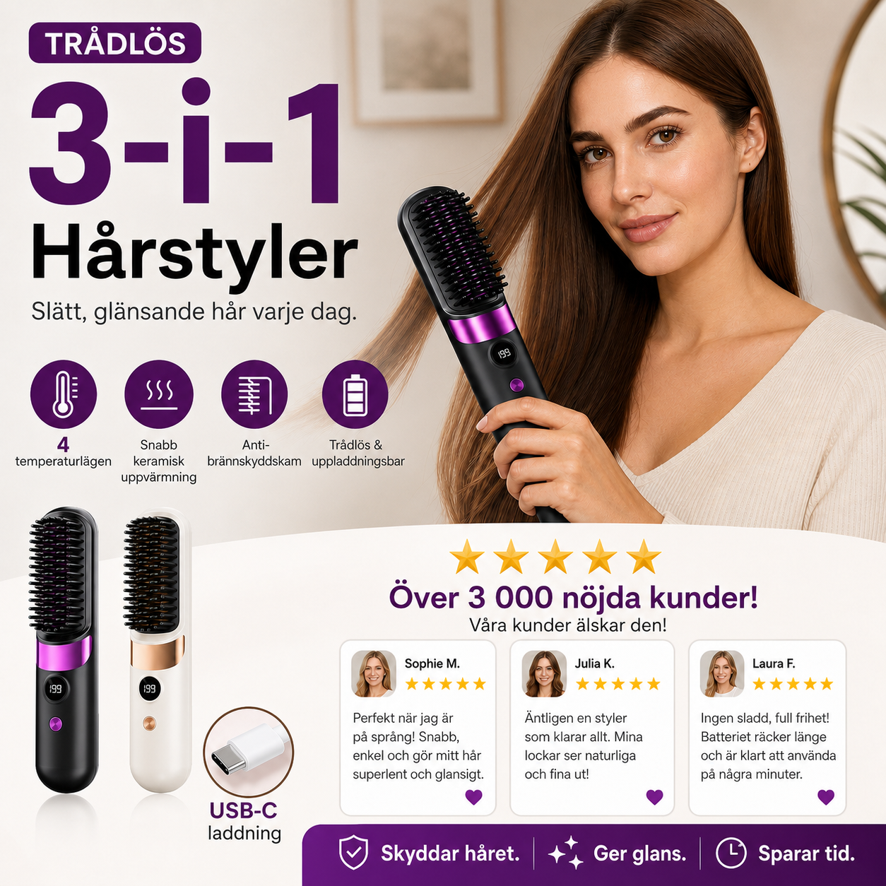 🔥 Idag -50%! Vakna med rufsigt hår? Den trådlösa 3-i-1 stylingkammen ger dig slätt och snyggt hår på nolltid ✨