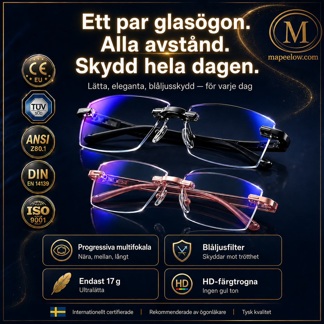 Ramlösa, ultralätta läsglasögon med diamantslipning