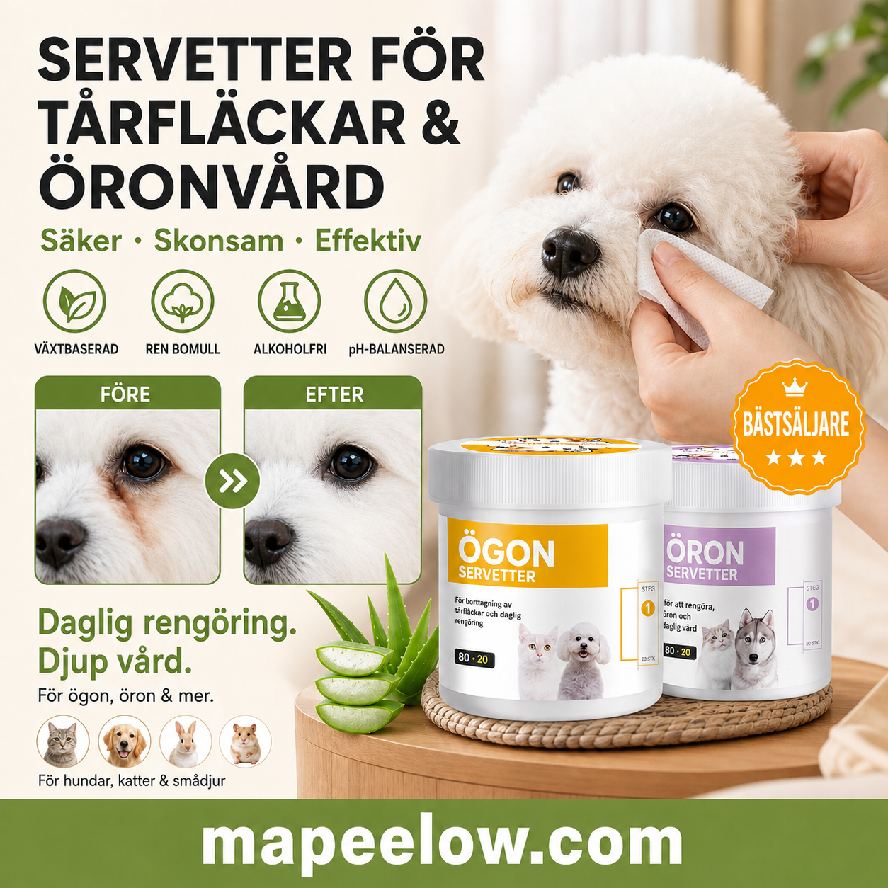 ✨ Överraskning – 50 % rabatt! 🐈🐕  Att hålla din fyrbenta vän ren är viktigt!  Naturliga växtbaserade rengöringsservetter för husdjurs ögon och öron