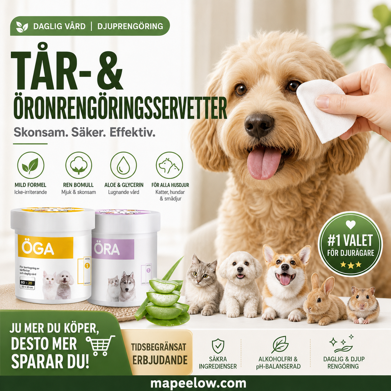 ✨ Överraskning – 50 % rabatt! 🐈🐕  Att hålla din fyrbenta vän ren är viktigt!  Naturliga växtbaserade rengöringsservetter för husdjurs ögon och öron