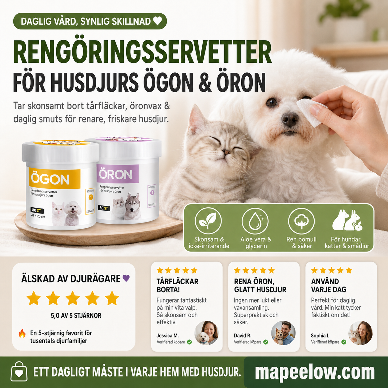 ✨ Överraskning – 50 % rabatt! 🐈🐕  Att hålla din fyrbenta vän ren är viktigt!  Naturliga växtbaserade rengöringsservetter för husdjurs ögon och öron