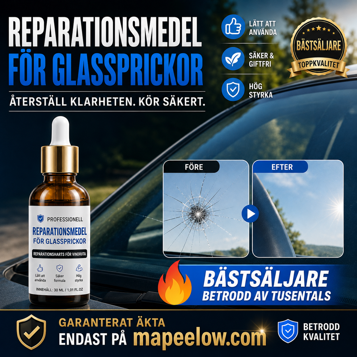 Reparationsmedel för glassprickor