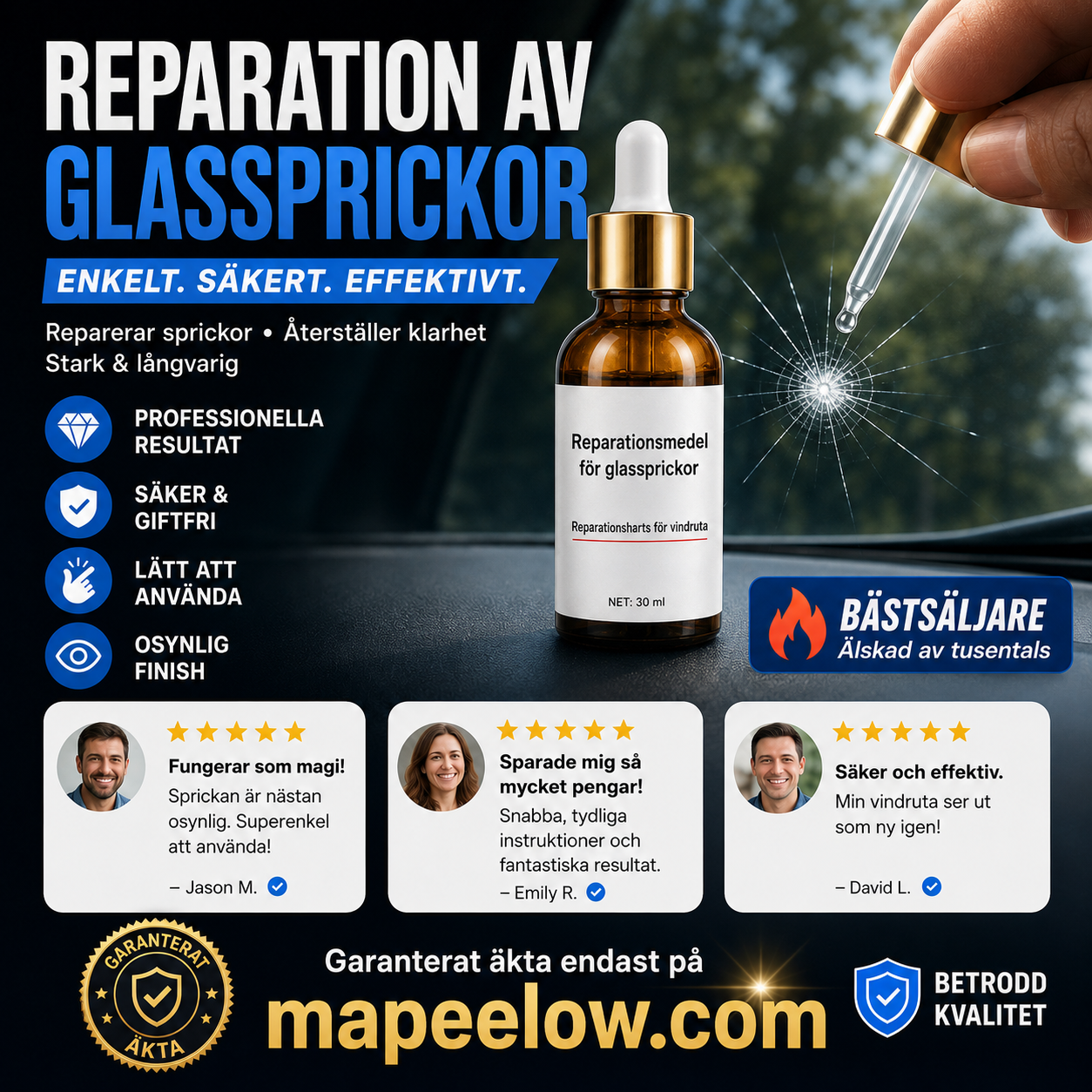 Reparationsmedel för glassprickor